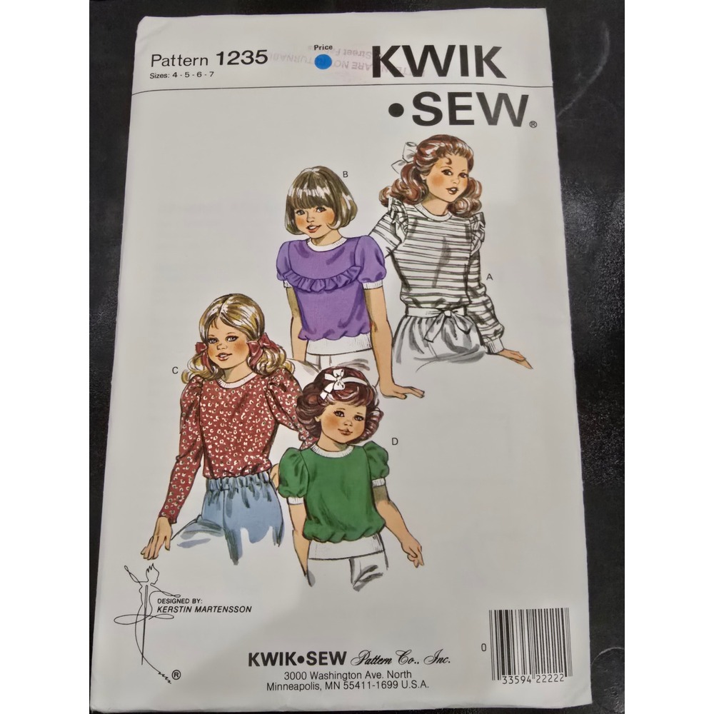 Kwik Sew 1235 Girls Knit Top Sewing Pattern Ruffles Puff Sleeve Size 4 5 6 7